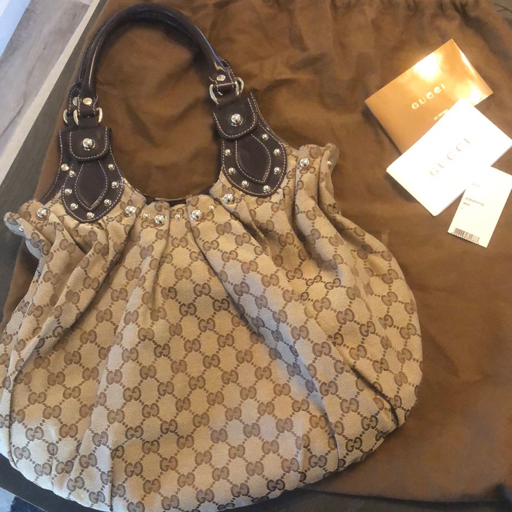 Gucci 203624 GG Canvas Studded Pelam Medium Shoulder Bag